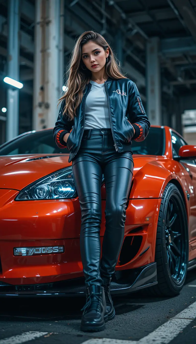 Giovane donna in techwear appoggiata a un’auto sportiva