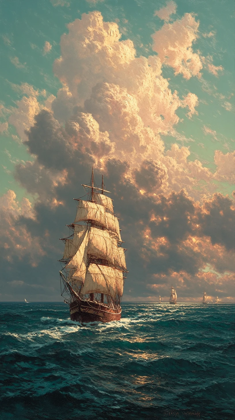 Hoher Segelschoner auf stürmischer See unter leuchtendem Himmel