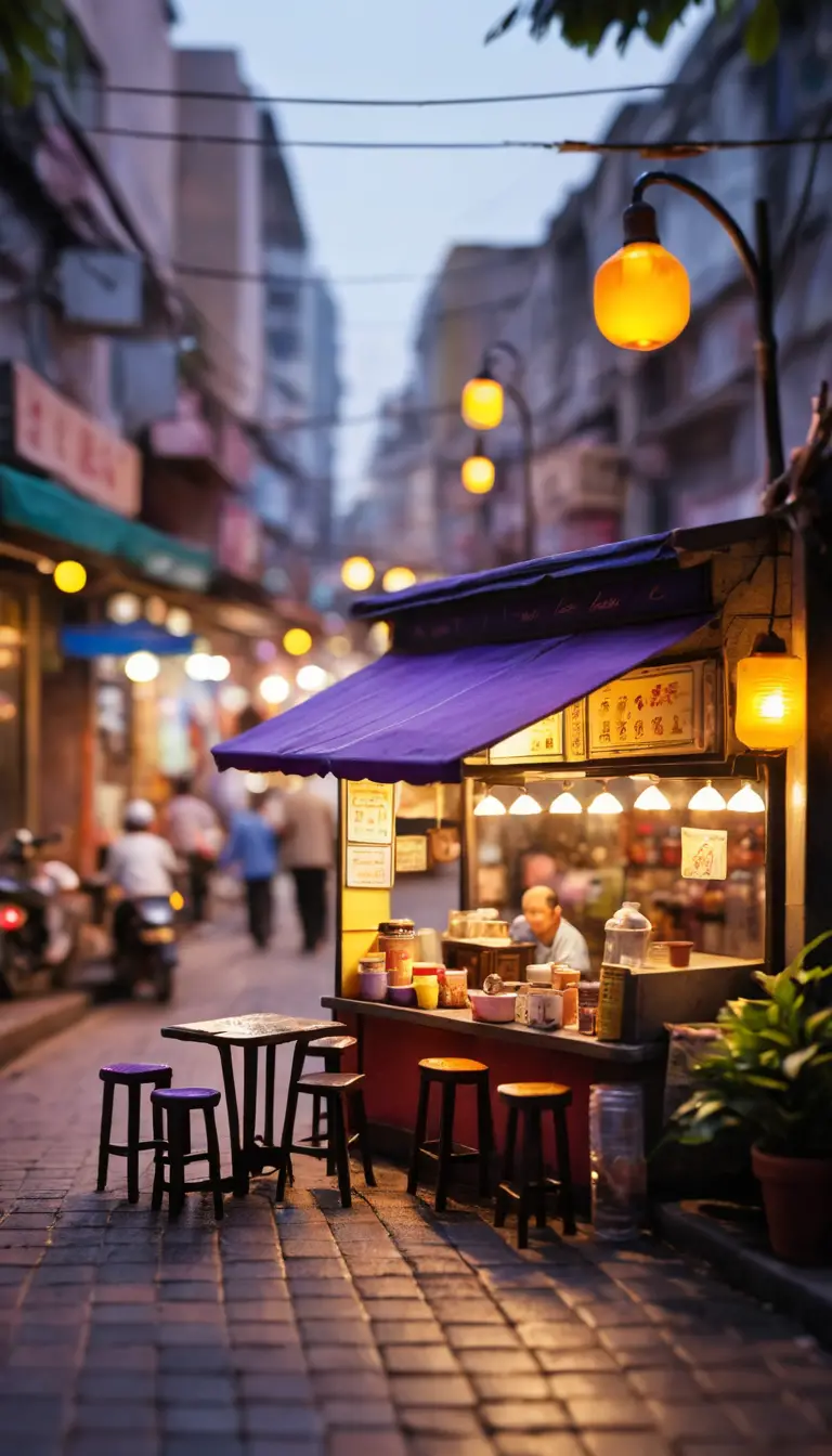 Tilt shift view of tiny Saigon sidewalk tea stall at dusk