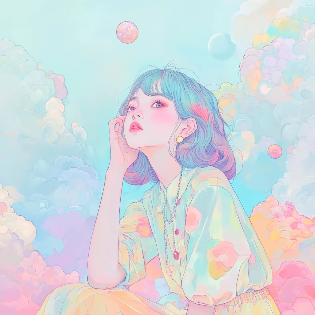 楽しげな抽象フォームが踊るパステル幻想イラスト