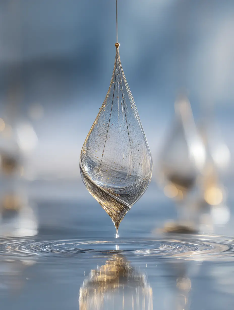 Goutte de liquide gelée suspendue dans un paysage de rêve réfléchissant