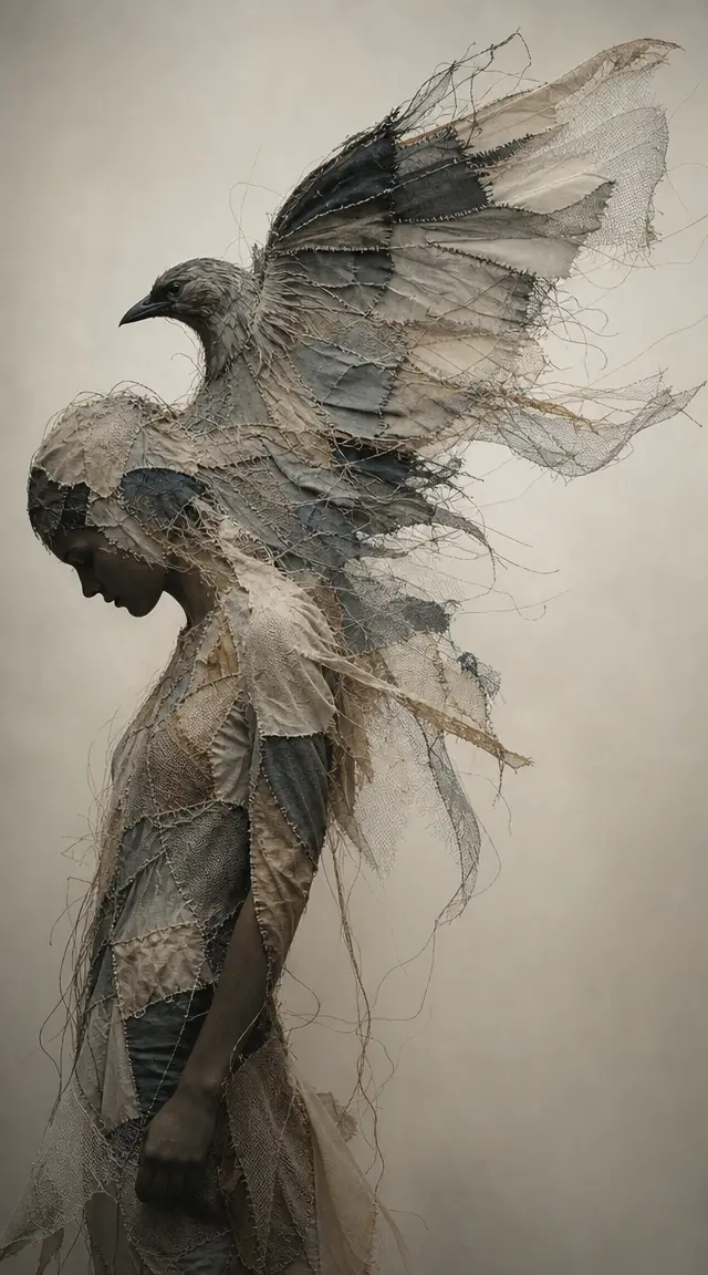 Human silhouette dissolving into layered textile bird form