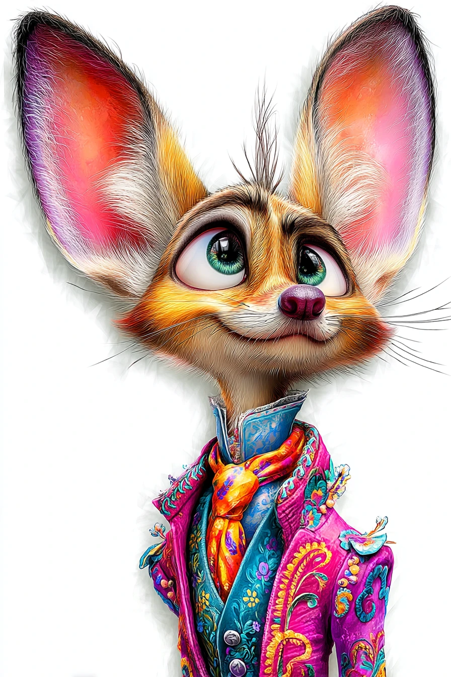 Retrato de raposa‑feneco aristocrática em casaca bordada