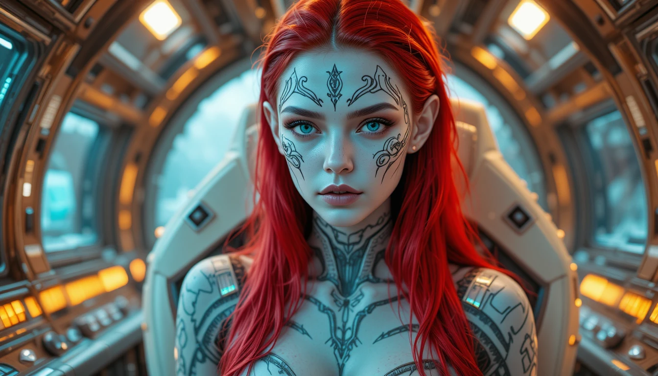 未来的な宇宙船コックピットのエイリアン女性ポートレート