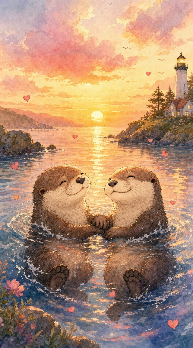 Niedliche Aquarell-Otter halten Händchen in einem Fluss bei Sonnenuntergang