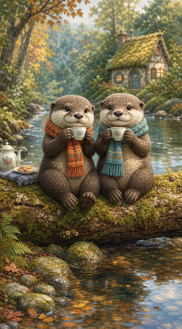 Zwei Otter teilen sich Tee auf einem moosigen Baumstamm im Wald