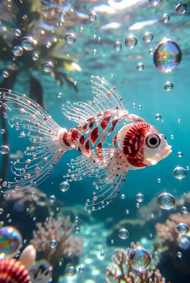 Surreal shell fish floating in sunlit turquoise water