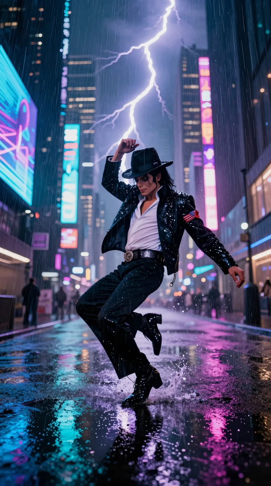 Homem dançando na chuva em cidade futurista iluminada por néon