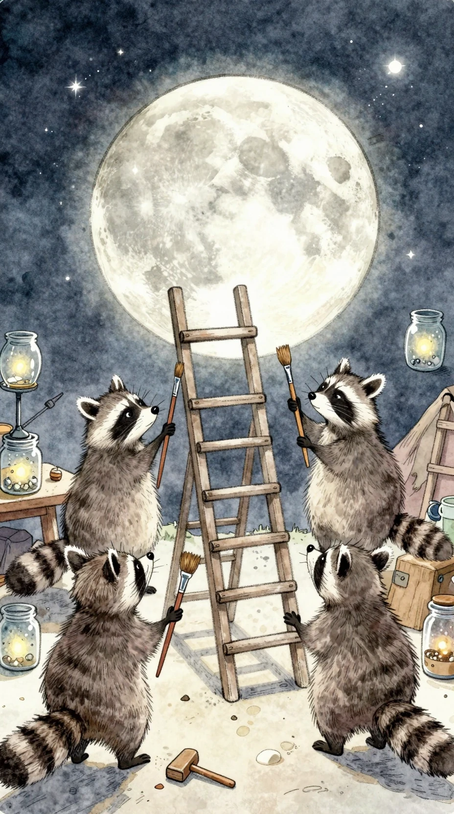 Oficina fantasiosa de guaxinins consertando a lua à noite