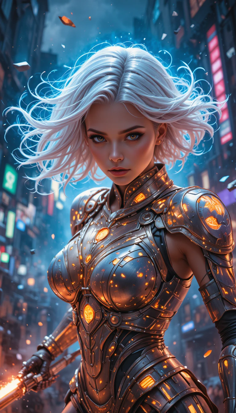 Gepanzerte Sci‑Fi‑Frau in einer stürmischen futuristischen Stadtschlacht