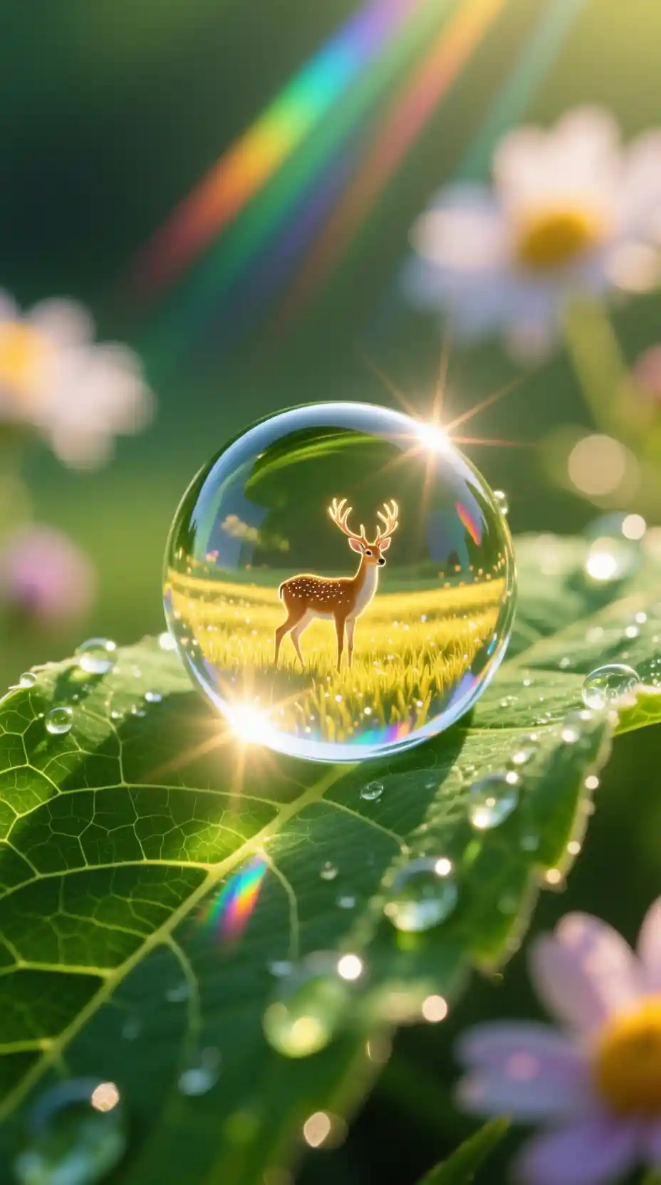 Glowing Dewdrop Macro With Enchanted Meadow Reflection