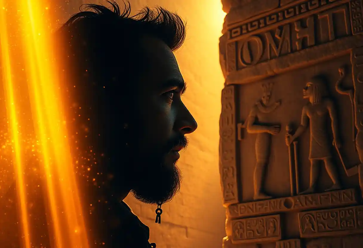 Alchimiste touchant un mur de l’Égypte antique sous un soleil brûlant