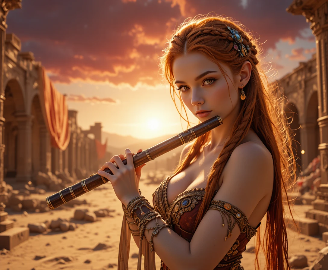 Barda elfa ruiva tocando flauta em ruínas no deserto