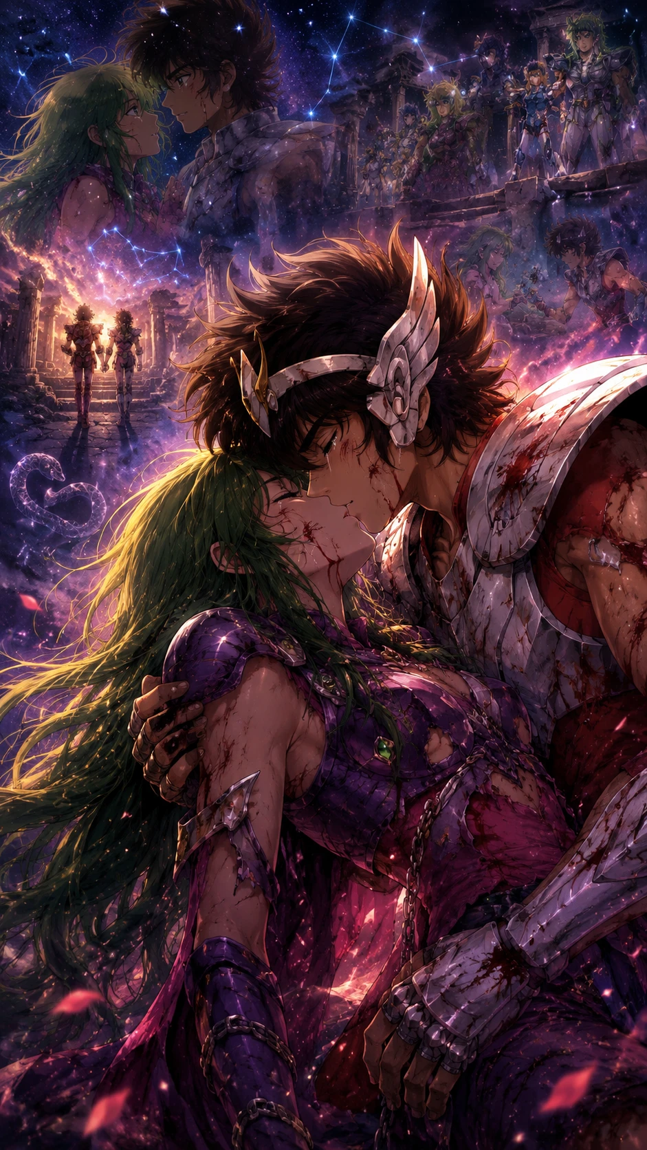 Shaina mourant dans les bras de Seiya sous un ciel nocturne cosmique
