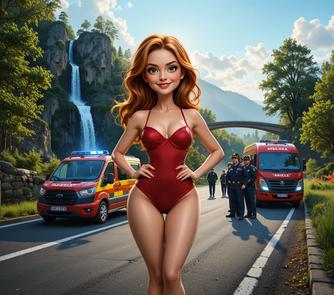 Red lingerie woman posing by a lush forest waterfall