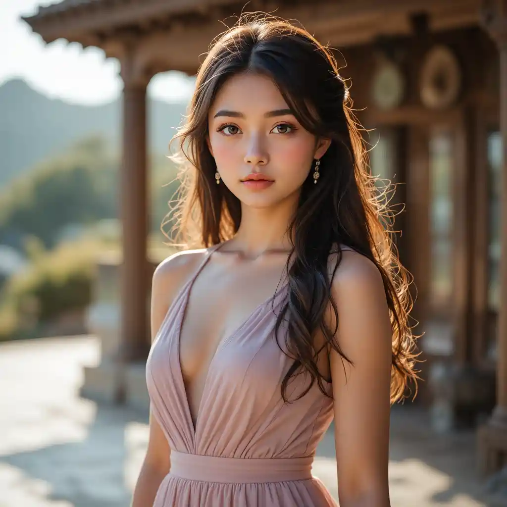 Giovane ragazza sicura di sé con abito elegante all’aperto