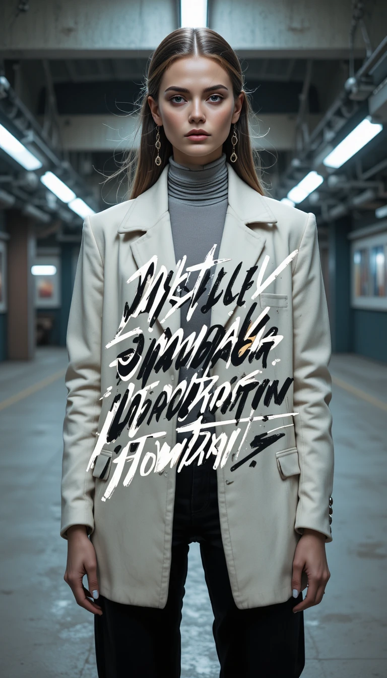 Confident fashion woman in industrial setting with bold doodles