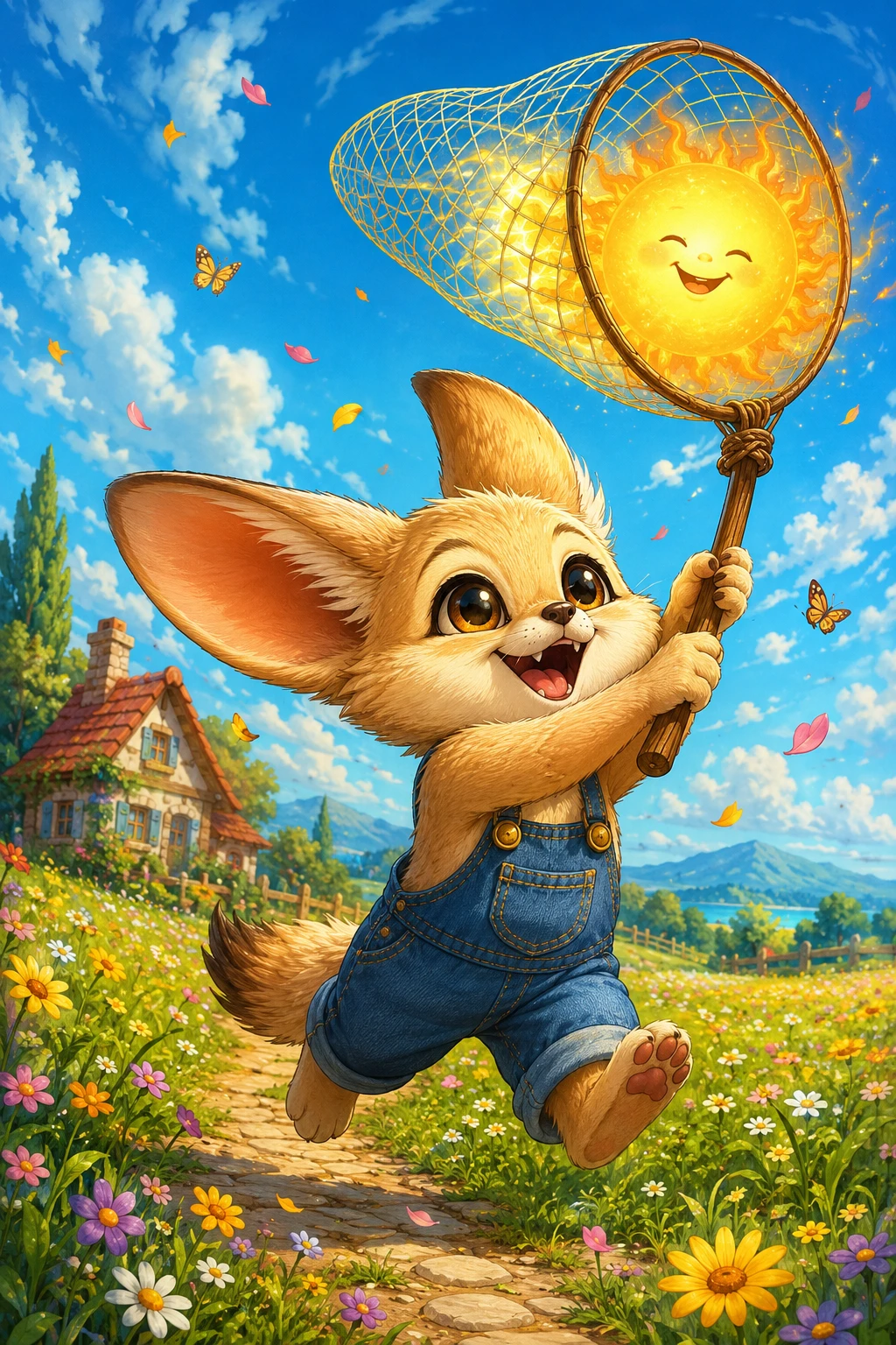 Fofo feneco de desenho animado correndo com uma rede de sol