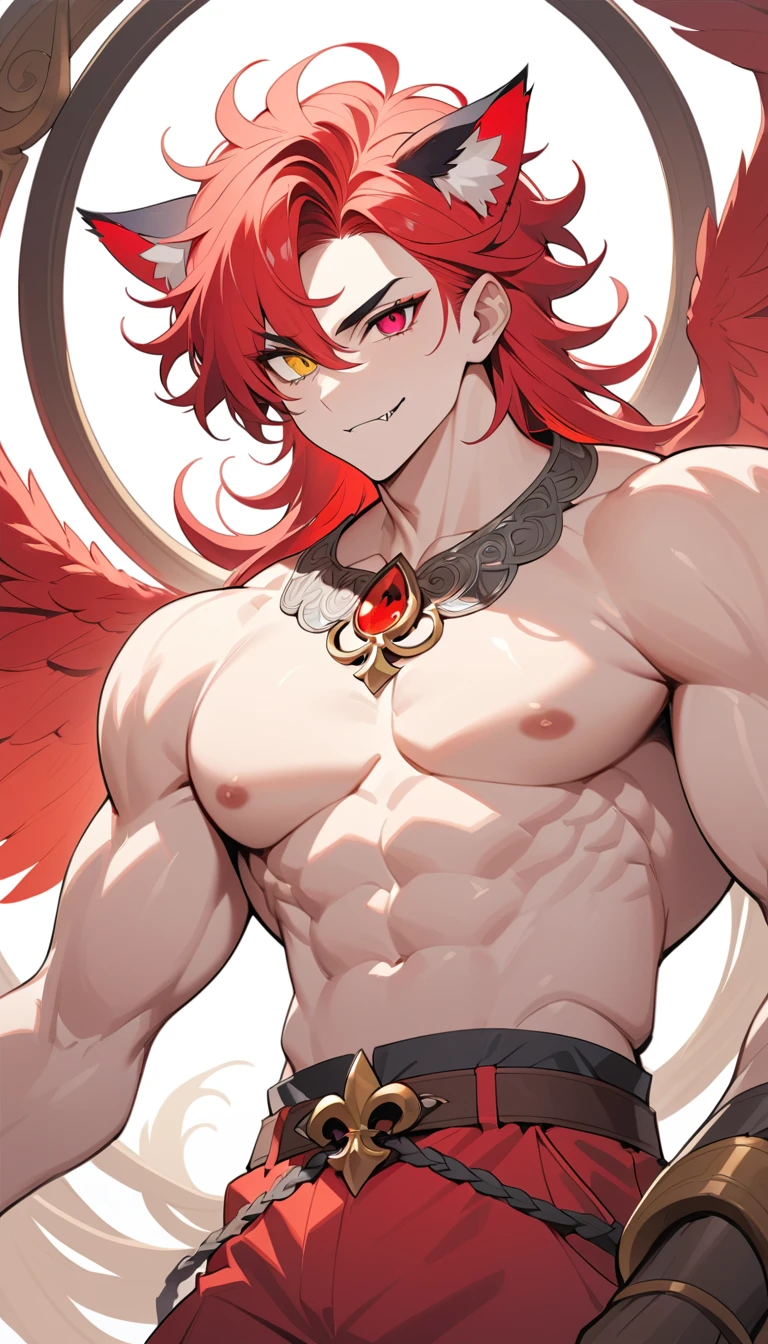 Homem de anime confiante com heterocromia e cabelo longo bicolor