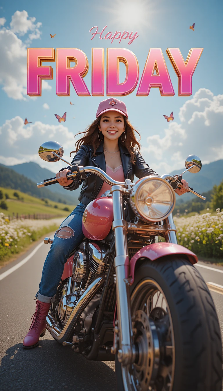 Biker girl riding a pink motorcycle on a sunny road