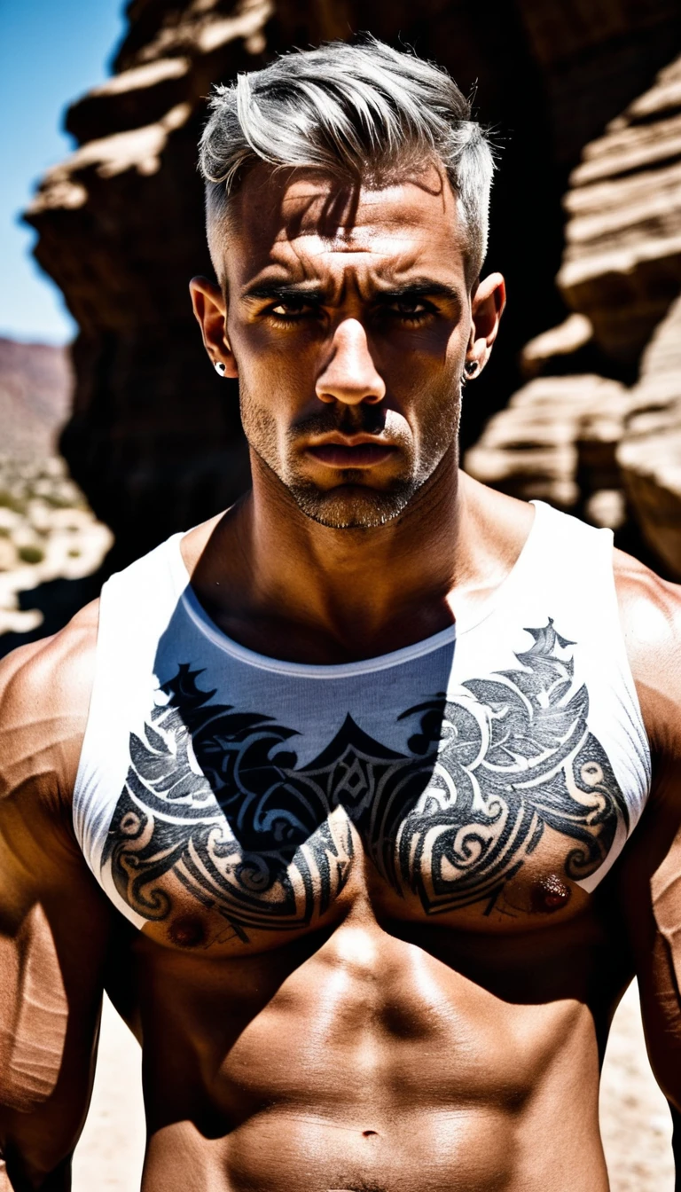 Homem musculoso tatuado em retrato ao sol entre rochas