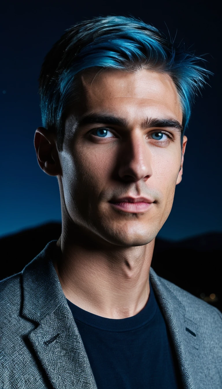 Jovem de cabelo azul sob um céu estrelado nas montanhas