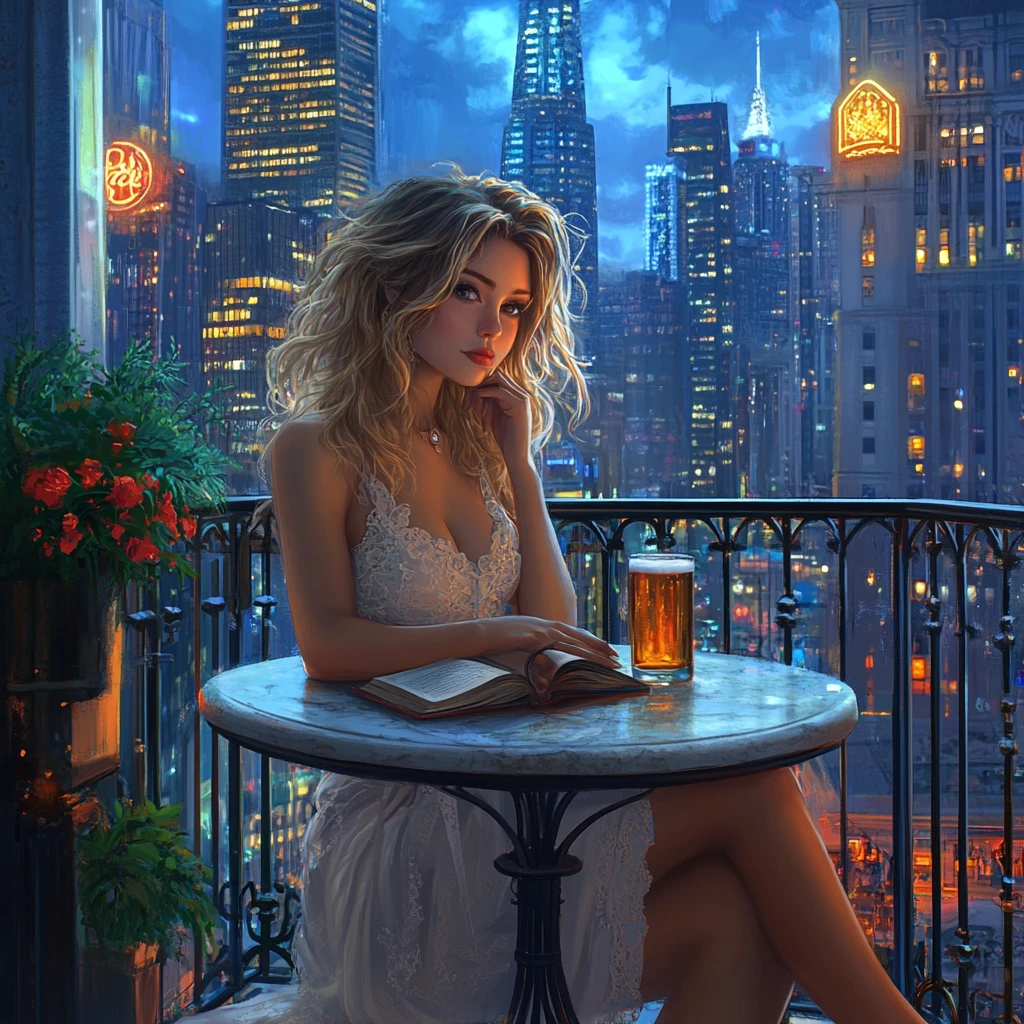 Mulher em terraço na cobertura com livro e luzes da cidade