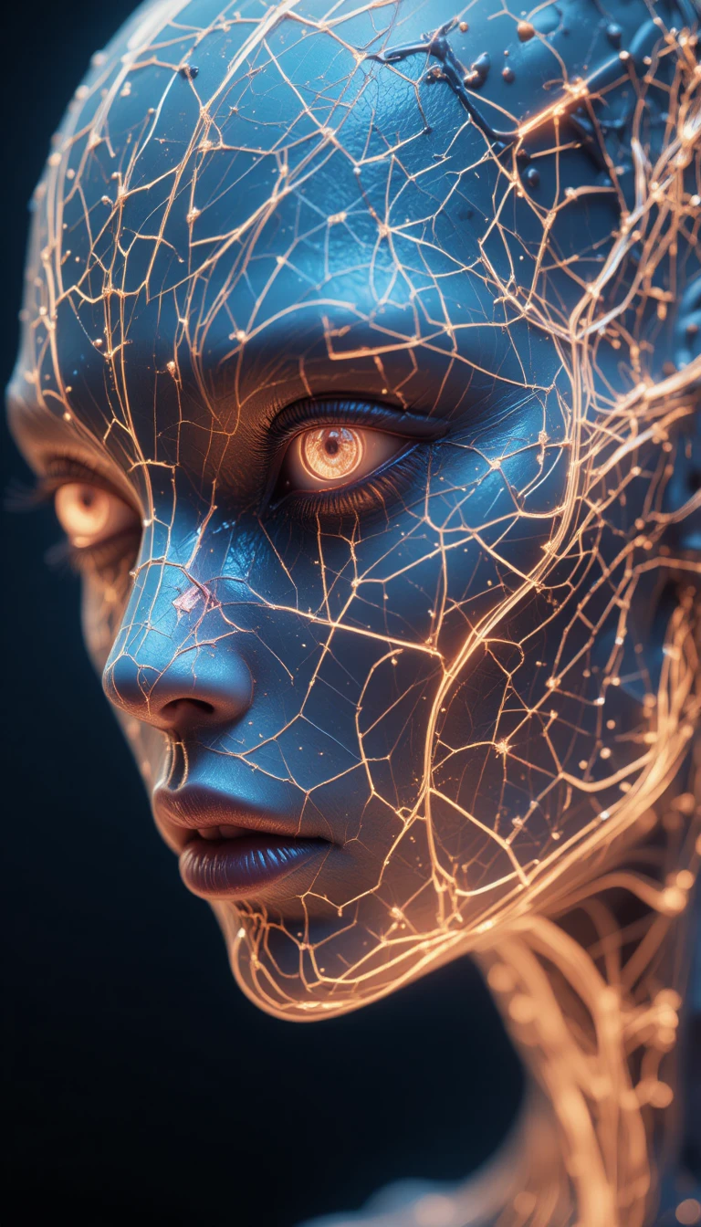 Retrato en primer plano de un rostro alienígena brillante en wireframe