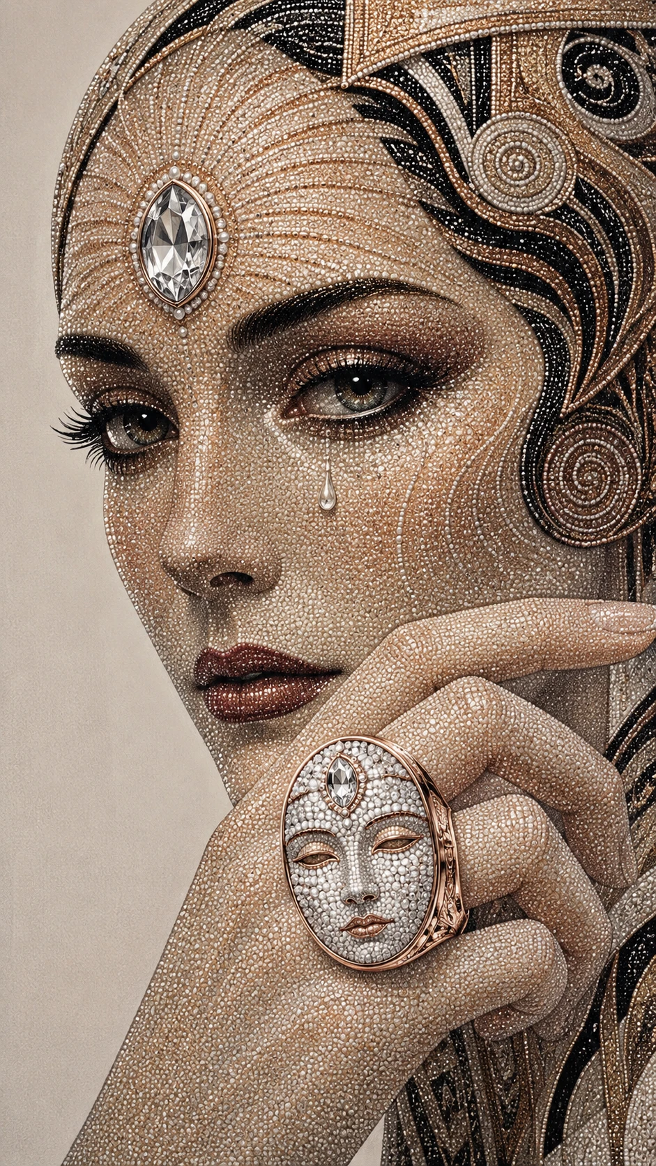 玫瑰金鑽戒的超現實點描風女子