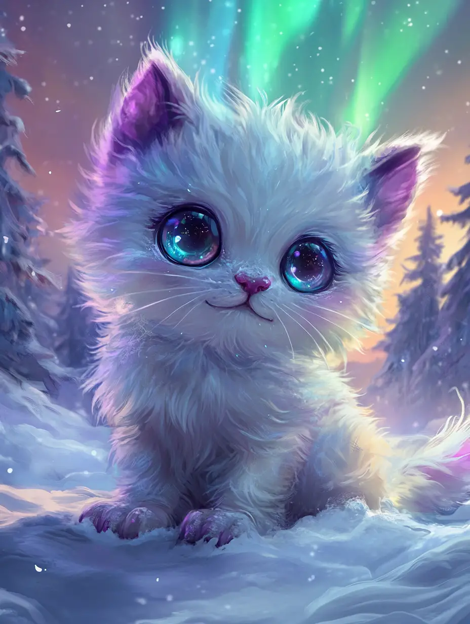 Chibi-Aurora-Kreatur mit leuchtenden Augen in verschneiter Nachtlandschaft