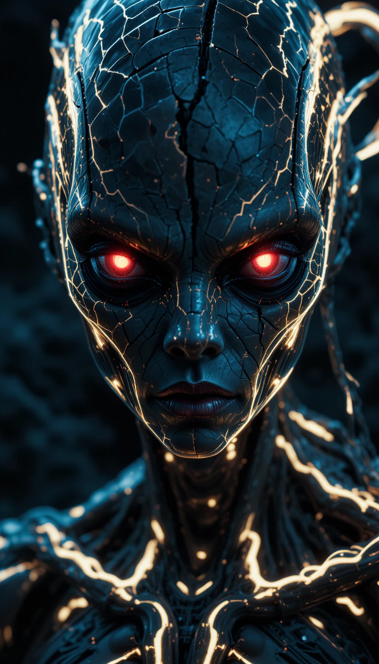 Rostro alienígena de líneas biomecánicas brillantes en la oscuridad