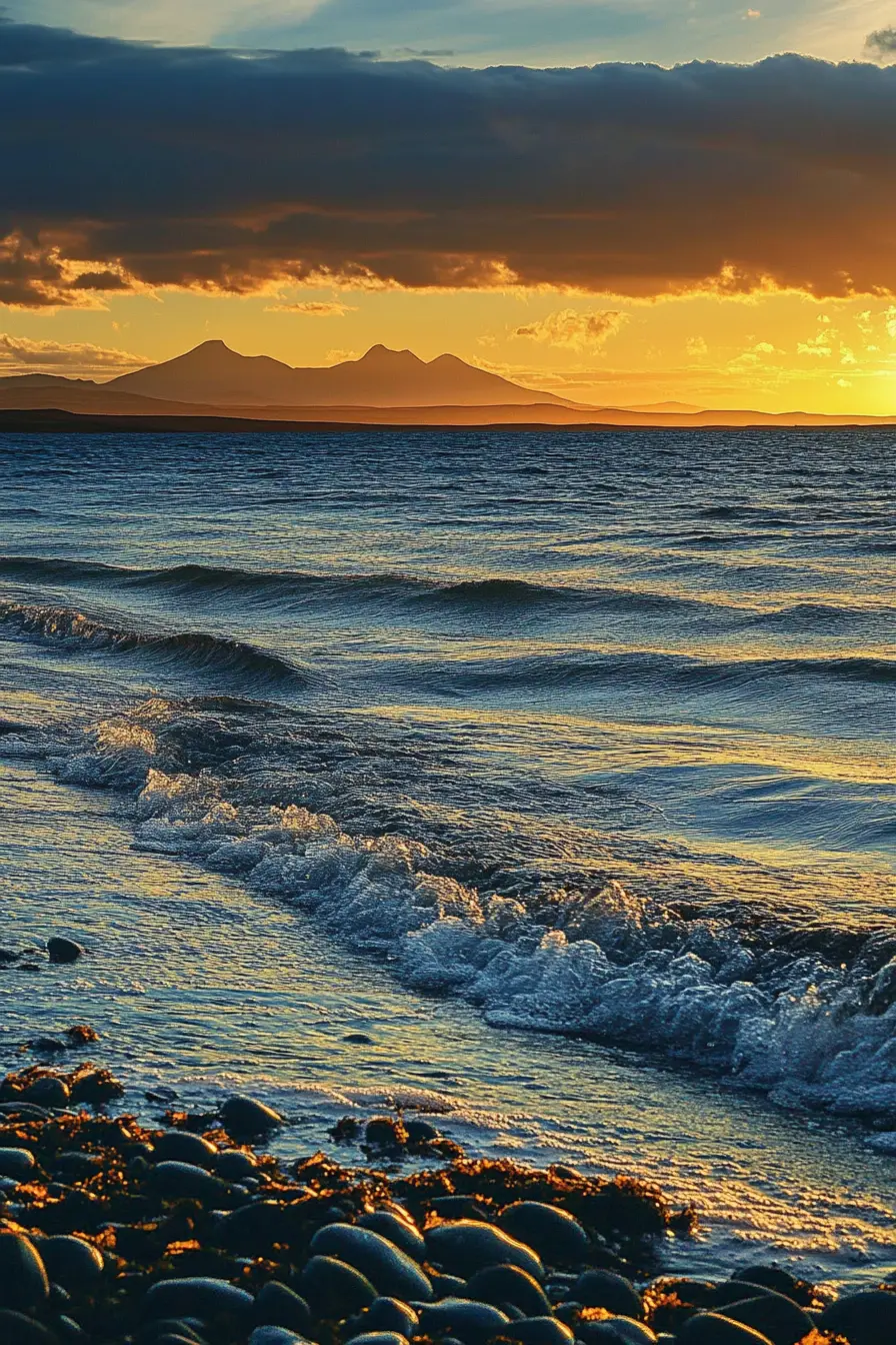 Farbenfrohe Küstenlandschaft mit kräuselnder Abendsee