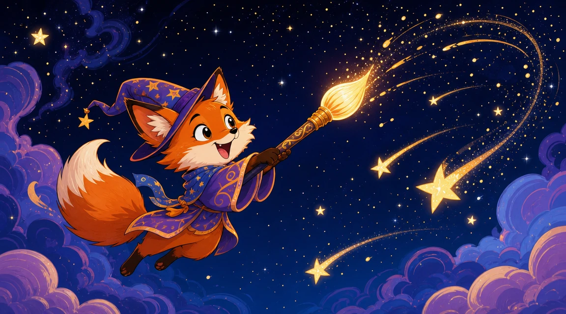 Raposa divertida em desenho animado pintando estrelas no céu noturno