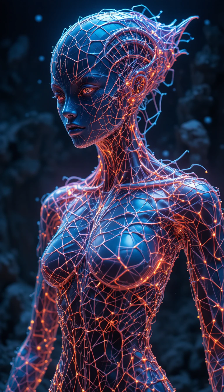 Ser humanóide de linhas de topologia luminosas e wireframes