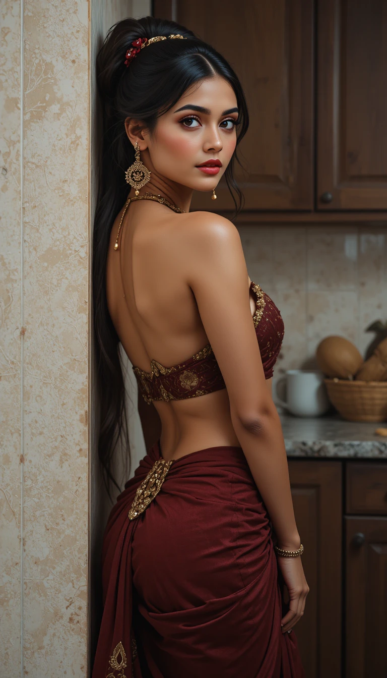 Grande femme en sari taille basse posant dans une cuisine