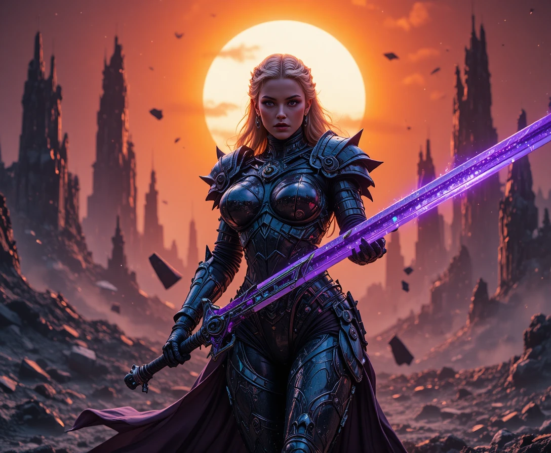 Dark paladin woman with violet runeblade under eclipse