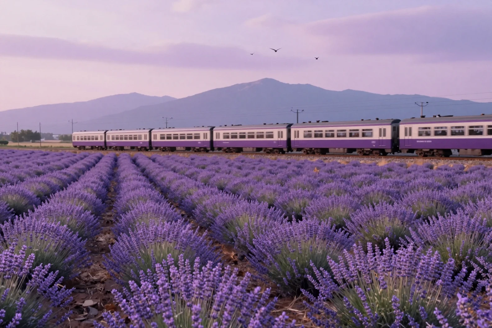Lavendelzug in endlosen violetten Feldern auf dem verträumten Land