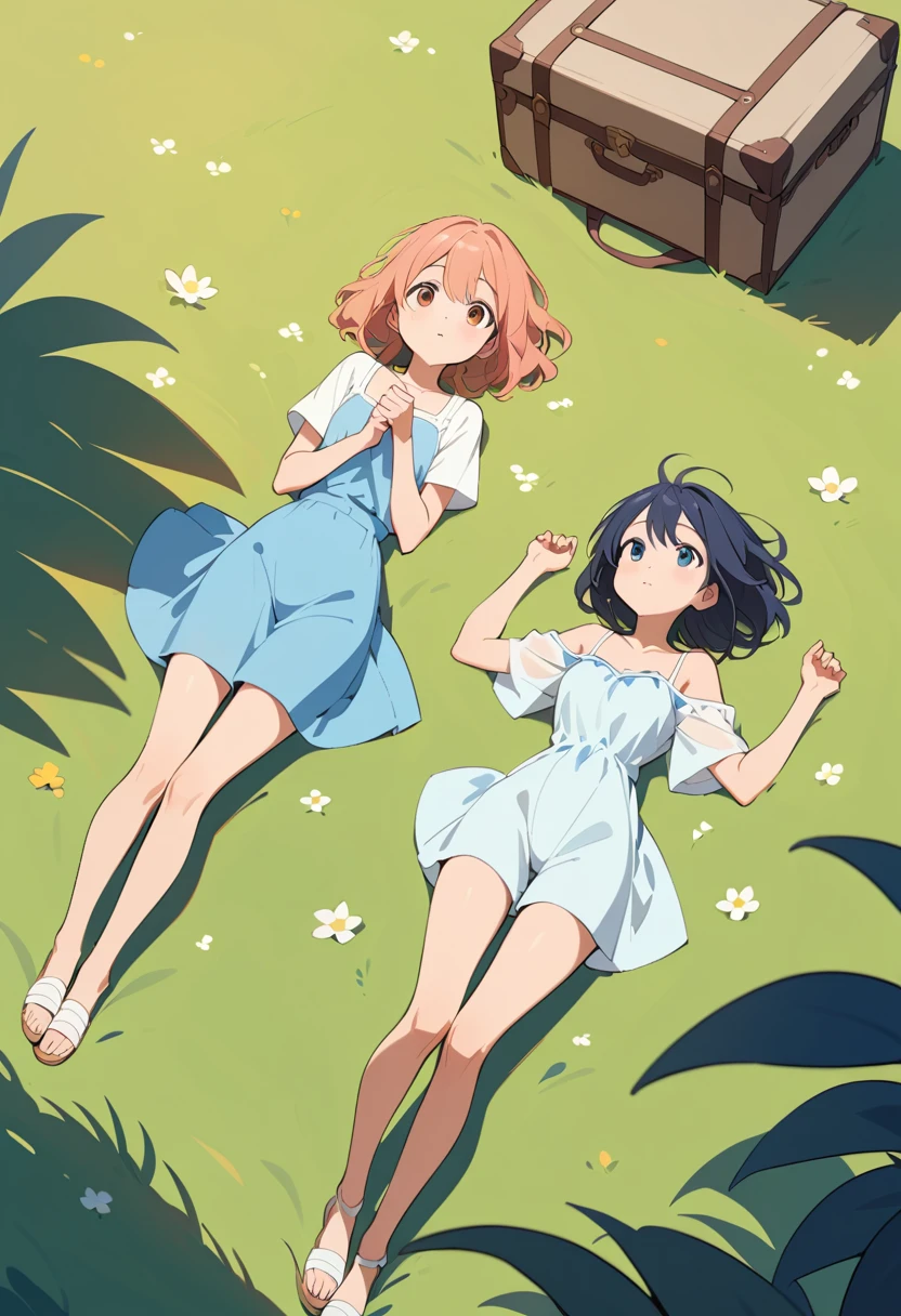 Due ragazze anime sdraiate sull’erba estiva a guardare le nuvole