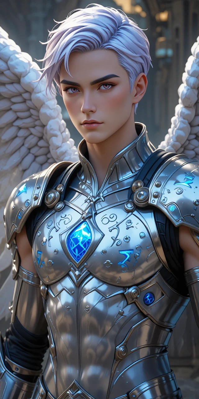 Guerrier d’anime ailé avec armure runique en argent