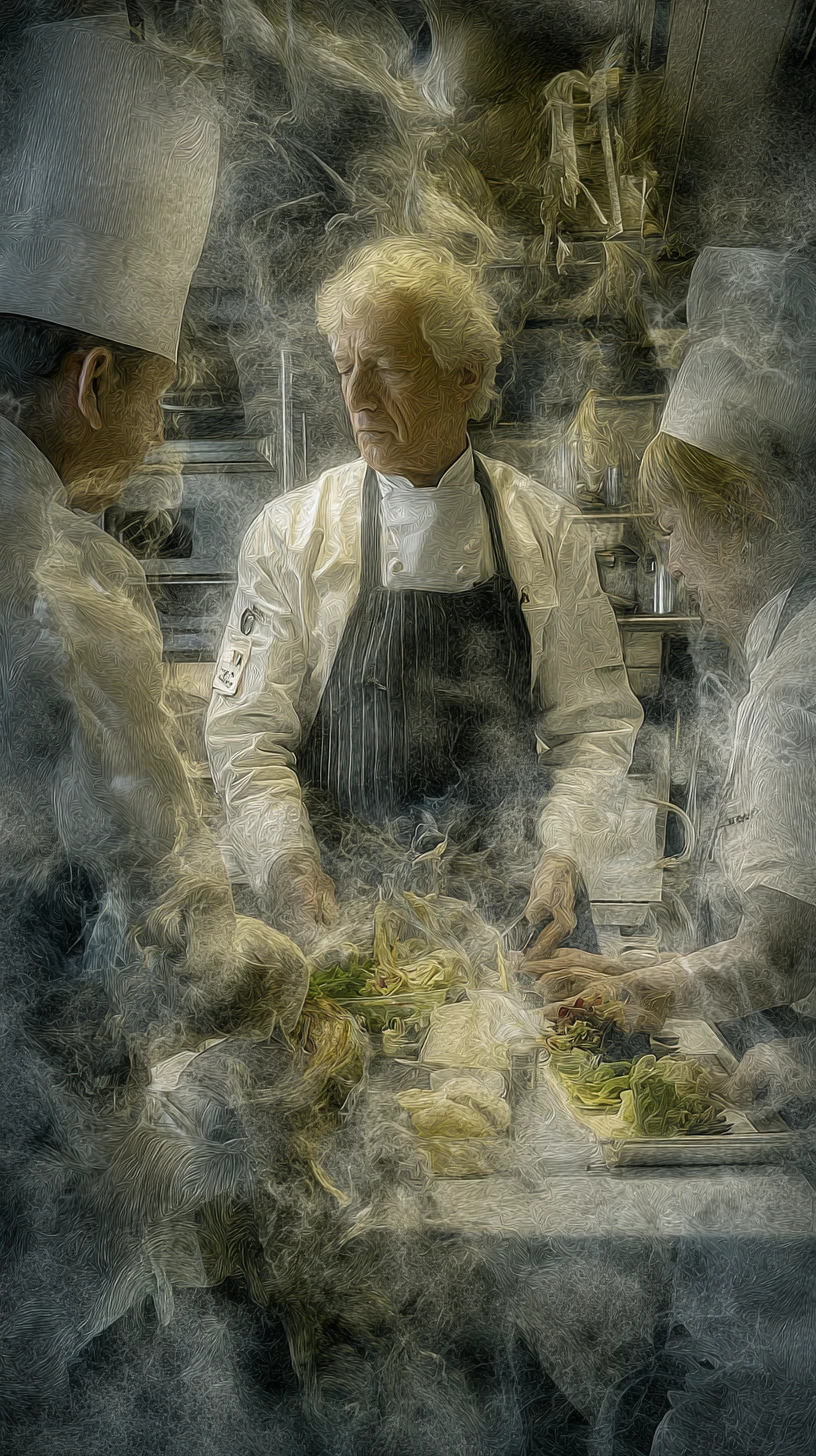 Chef che prende le ordinazioni e cucina in una cucina affollata