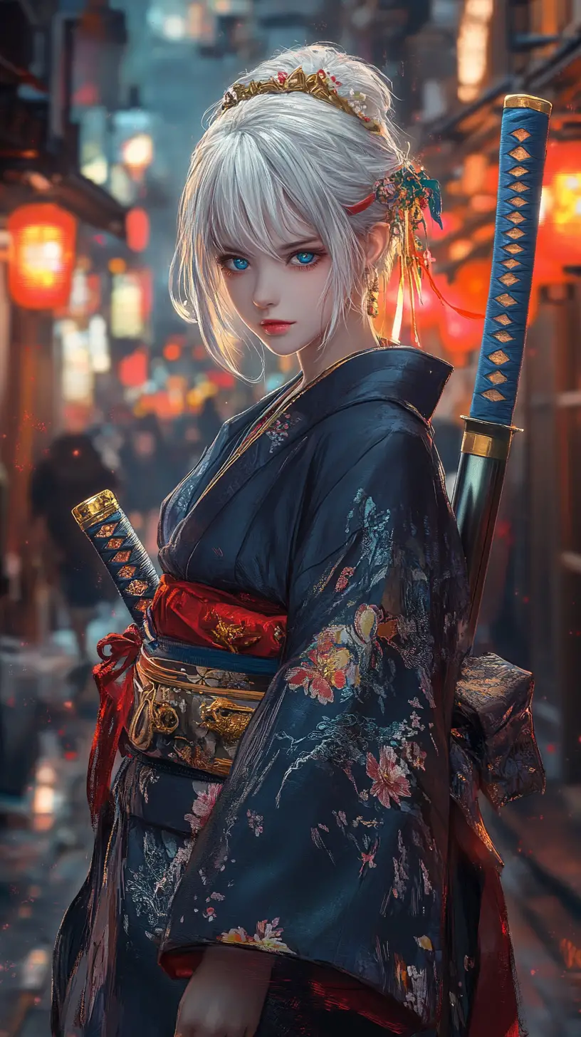 Samouraï aux cheveux argentés en kimono dragon de nuit