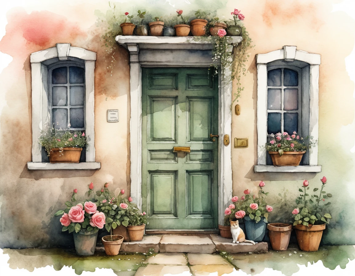 Alte Haustür mit Rosen und einer kleinen Katze
