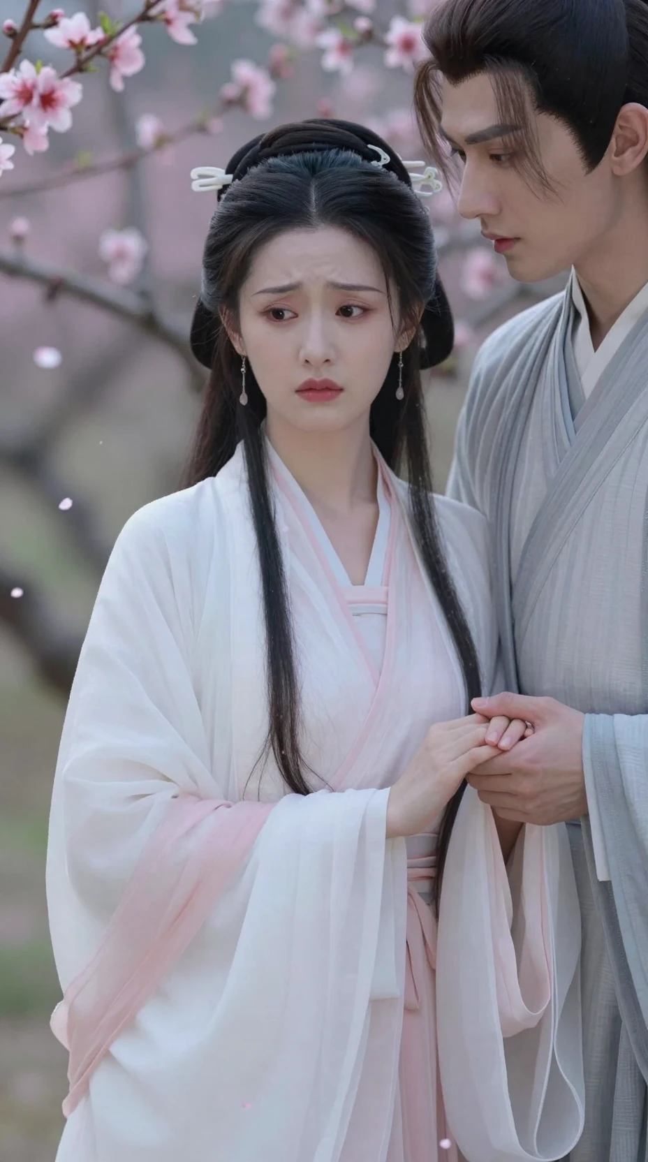 Joven pareja con hanfu entre soñadoras flores de durazno