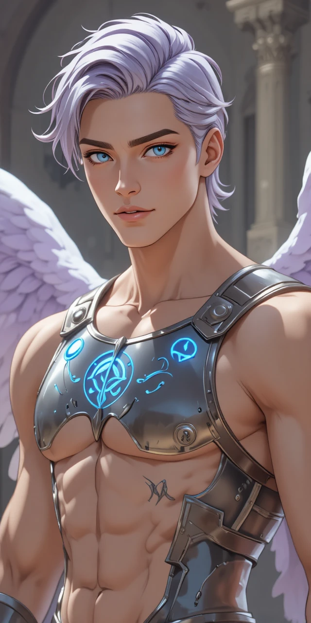 Guerrero de anime alado con armadura rúnica plateada y cabello lila