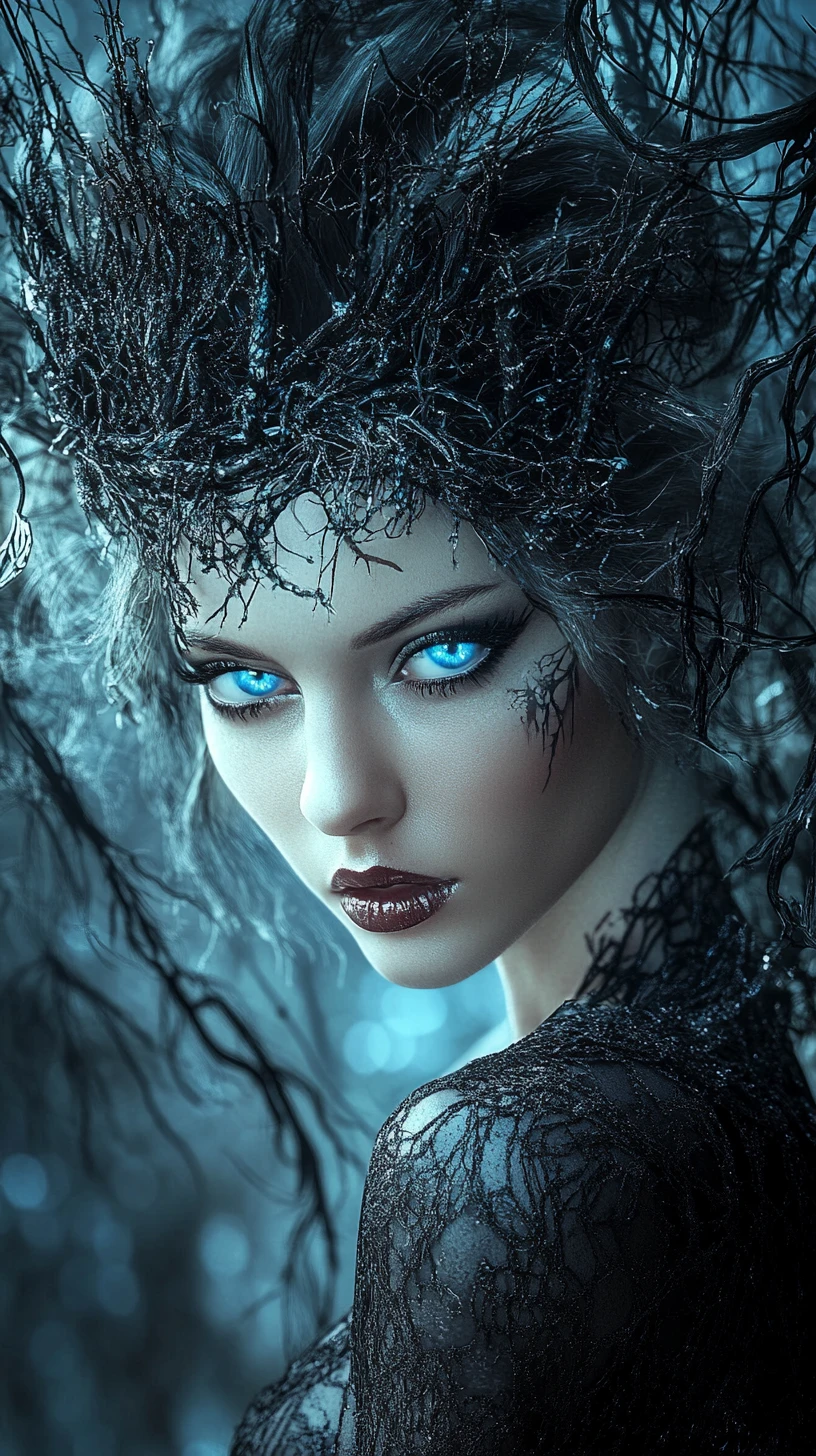 Mystische Frau mit leuchtend blauen Augen und metallischem Haar