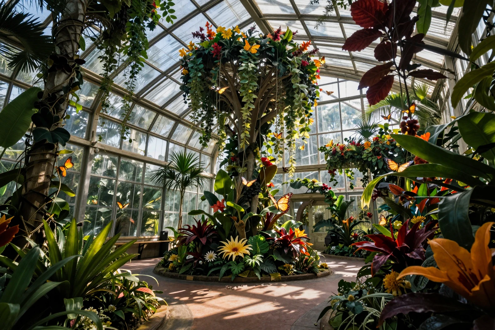 Invernadero tropical mágico lleno de flores y mariposas