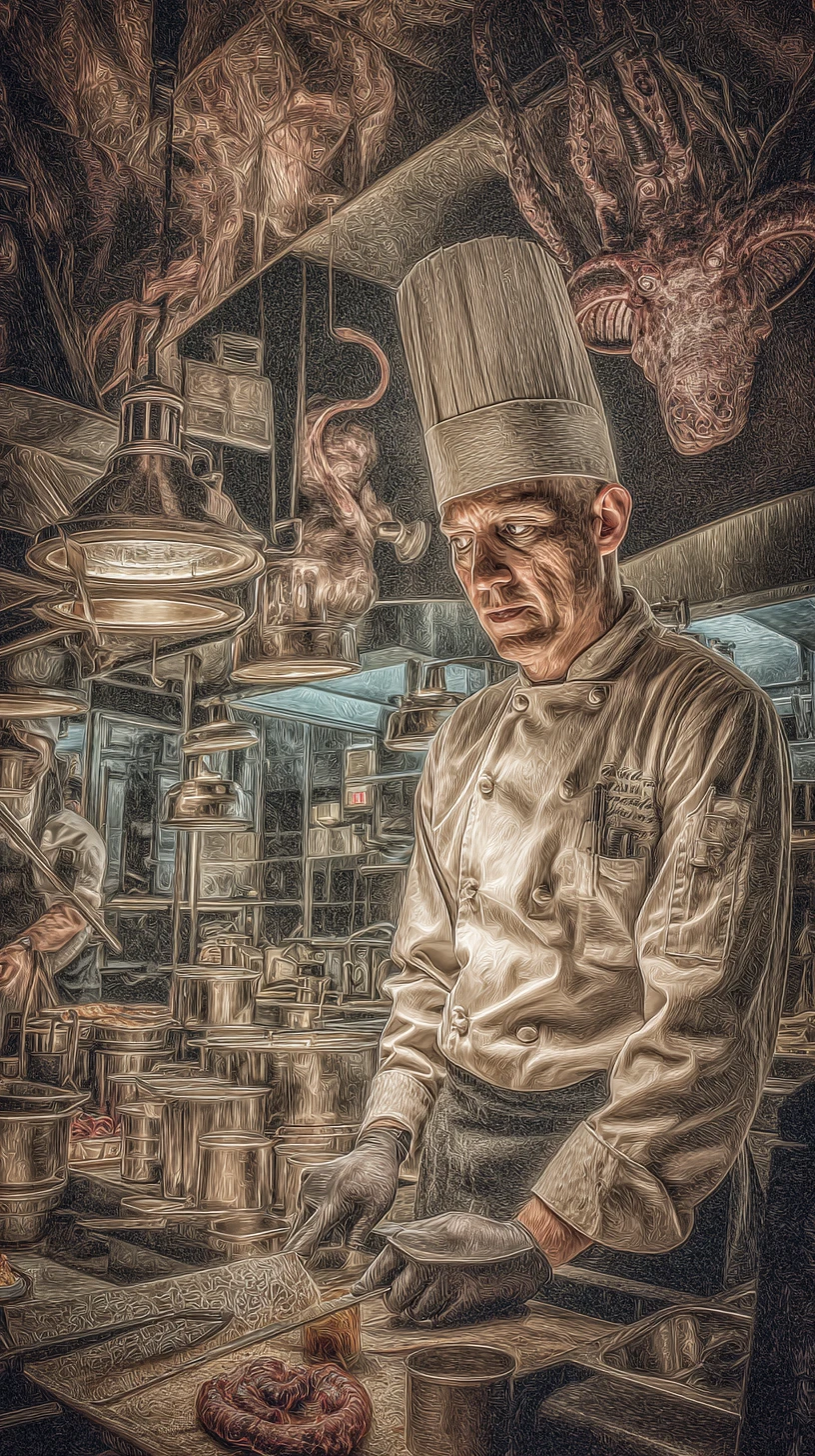 Chef che prende ordinazioni mentre cucina in una cucina affollata