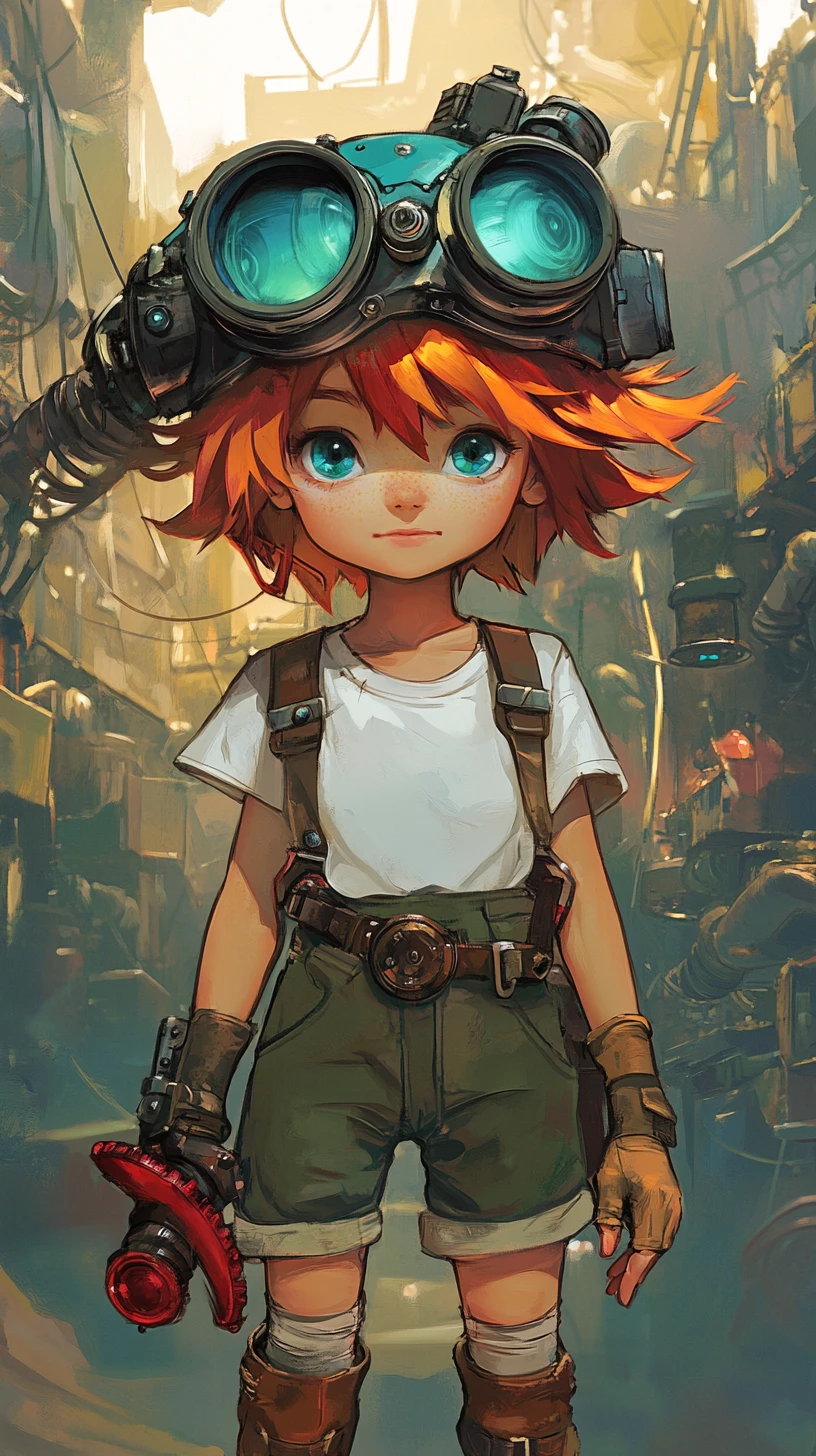Steampunk anime girl explorer in a ruined industrial city