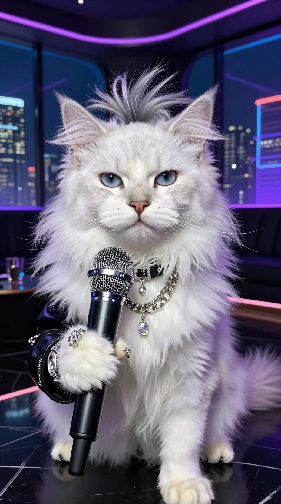 Elegante ídolo gato branco cantando com microfone de cristal