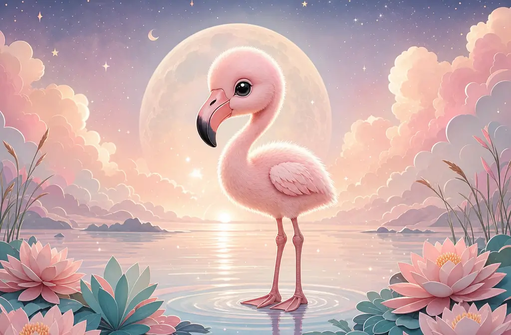 可愛小火烈鳥站在發光潟湖中的插畫